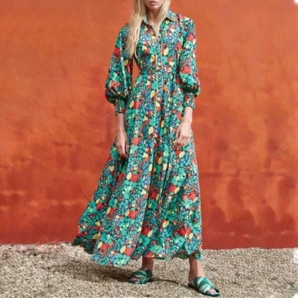 ALEXIS RED GREEN BLACK FLORAL PRINT COLLARED BUTTON UP HIROKA ROBE MAXI DRESS - Picture 15 of 16